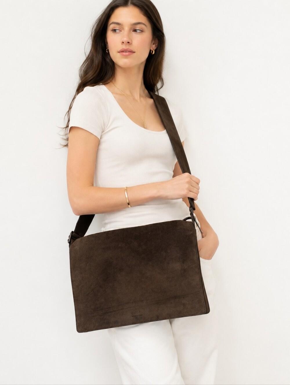 Vintage 2000's Gucci Dark Brown Suede Laptop Messenger Bag